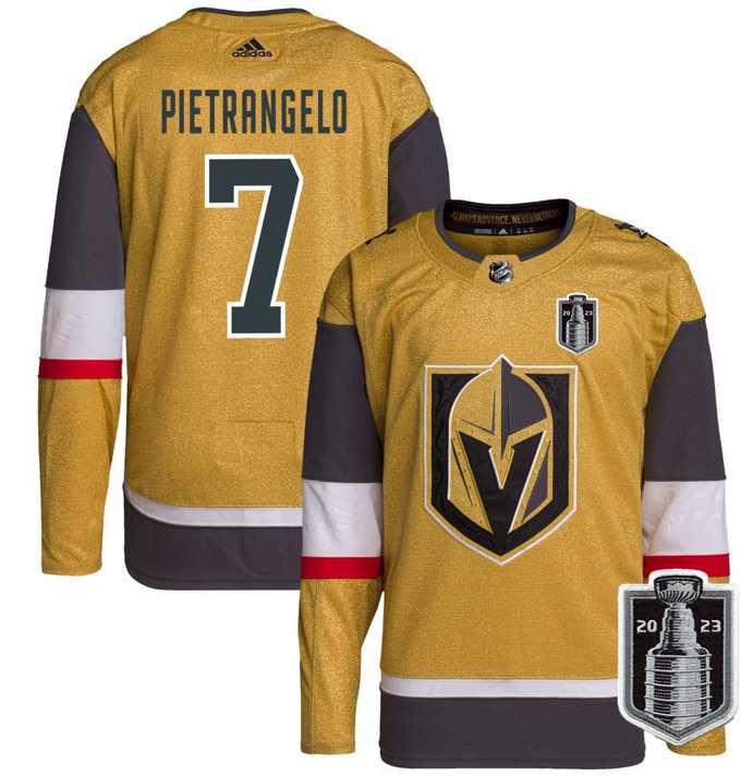 Mens Vegas Golden Knights #7 Alex Pietrangelo Gold 2023 Stanley Cup Final Stitched Jersey Dzhi